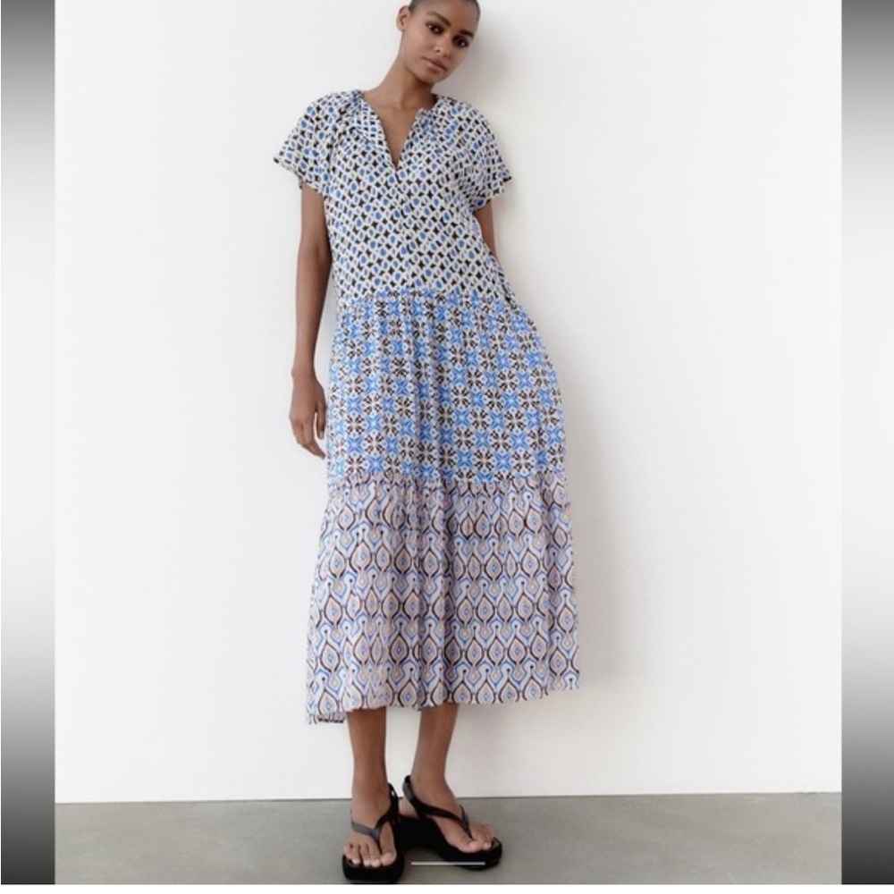 ZARA Dress Womens XL Brown Blue Patchwork Tiered Long Flowy Bohemian Cotton NWT - Picture 2 of 13